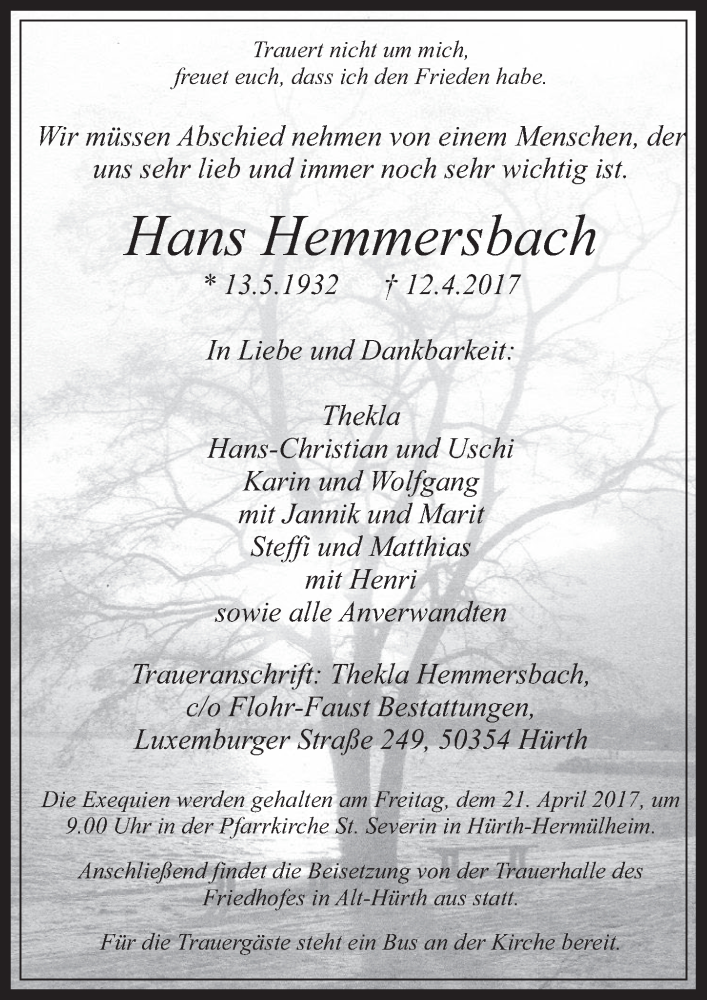  Traueranzeige für Hans Hemmersbach vom 19.04.2017 aus  Wochenende 