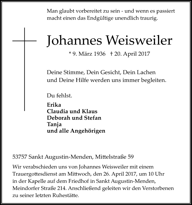  Traueranzeige für Johannes Weisweiler vom 22.04.2017 aus Kölner Stadt-Anzeiger / Kölnische Rundschau / Express