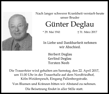 Anzeige von Günter Deglau von Kölner Stadt-Anzeiger / Kölnische Rundschau / Express