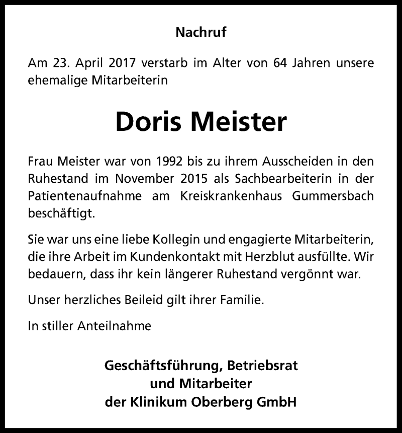  Traueranzeige für Doris Meister vom 29.04.2017 aus Kölner Stadt-Anzeiger / Kölnische Rundschau / Express