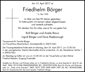Anzeige von Friedhelm Börger von Kölner Stadt-Anzeiger / Kölnische Rundschau / Express