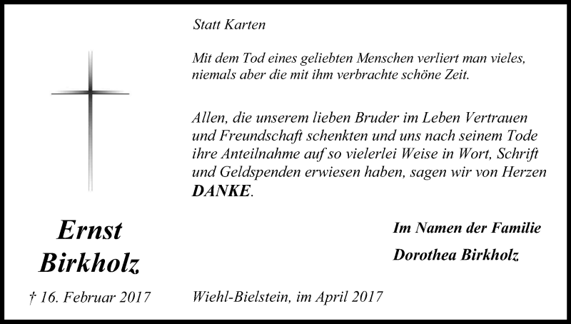  Traueranzeige für Ernst Birkholz vom 22.04.2017 aus Kölner Stadt-Anzeiger / Kölnische Rundschau / Express