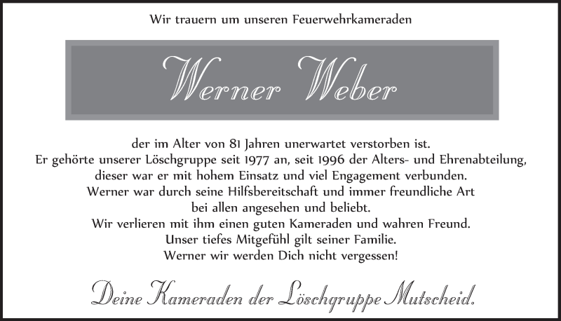  Traueranzeige für Werner Weber vom 15.04.2017 aus  Blickpunkt Euskirchen 