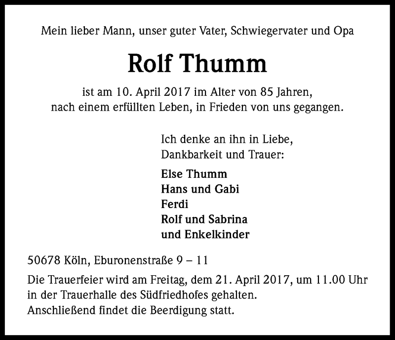  Traueranzeige für Rolf Thumm vom 15.04.2017 aus Kölner Stadt-Anzeiger / Kölnische Rundschau / Express
