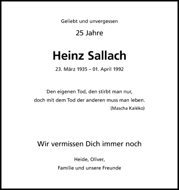 Anzeige von Heinz Sallach von Kölner Stadt-Anzeiger / Kölnische Rundschau / Express