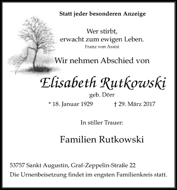 Anzeige von Elisabeth Rutkowski von Kölner Stadt-Anzeiger / Kölnische Rundschau / Express