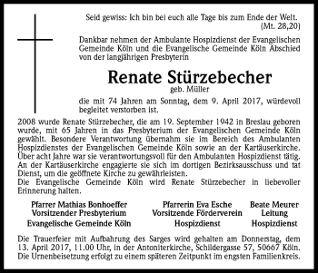 Anzeige von Renate Stürzebecher von Kölner Stadt-Anzeiger / Kölnische Rundschau / Express