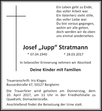 Anzeige von Josef  Stratmann von  Sonntags-Post 