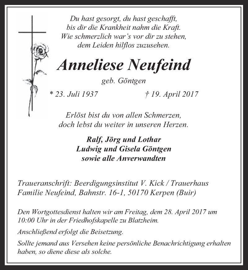  Traueranzeige für Anneliese Neufeind vom 26.04.2017 aus  Werbepost 