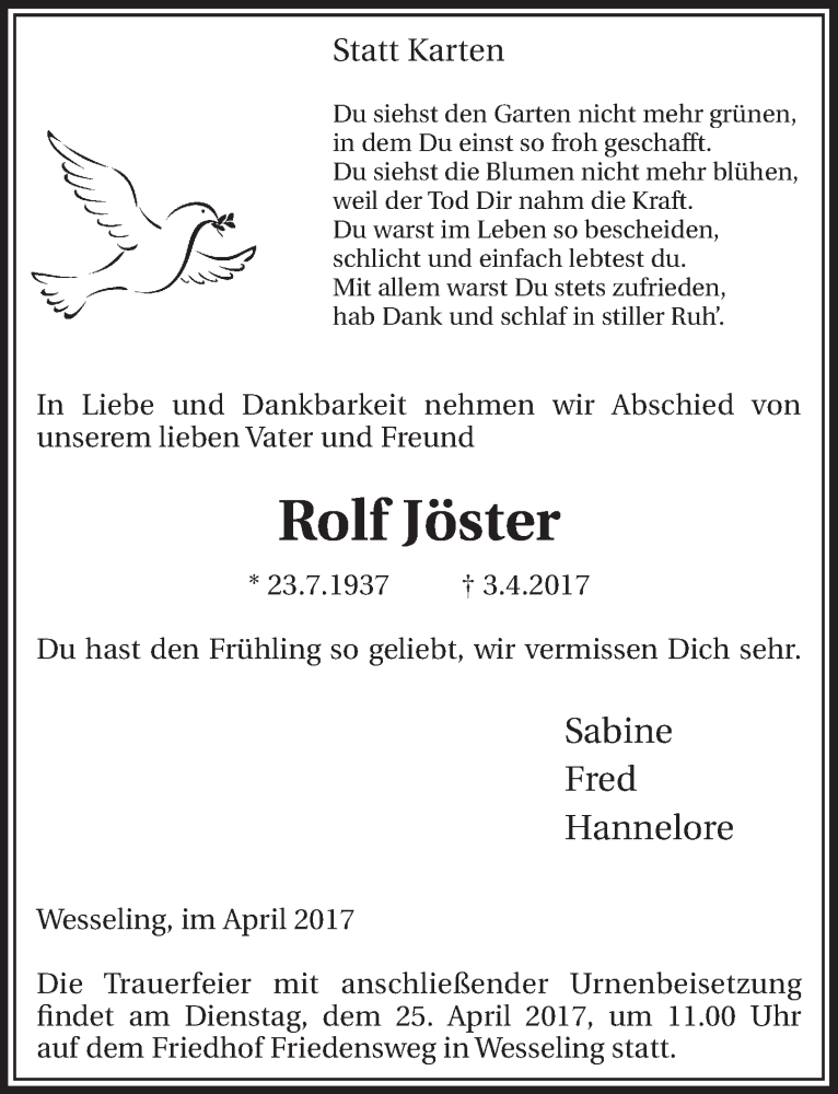  Traueranzeige für Rolf Jöster vom 19.04.2017 aus  Schlossbote/Werbekurier 