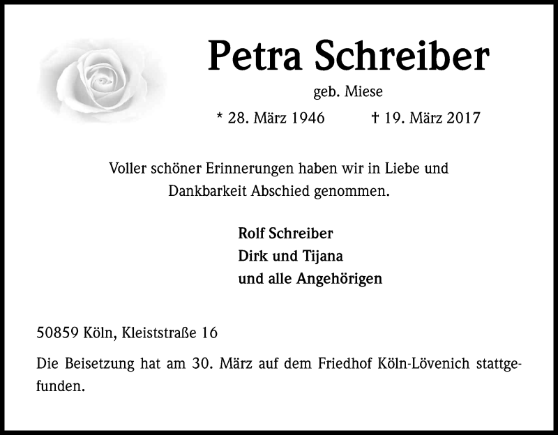  Traueranzeige für Petra Schreiber vom 01.04.2017 aus Kölner Stadt-Anzeiger / Kölnische Rundschau / Express