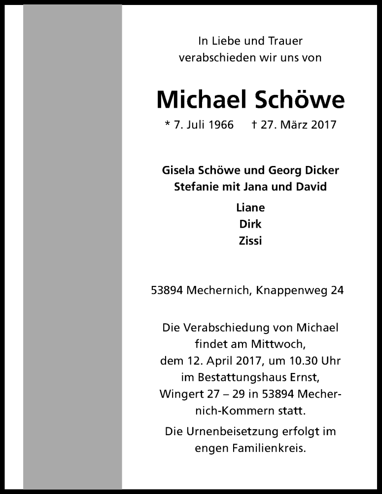  Traueranzeige für Michael Schöwe vom 05.04.2017 aus Kölner Stadt-Anzeiger / Kölnische Rundschau / Express