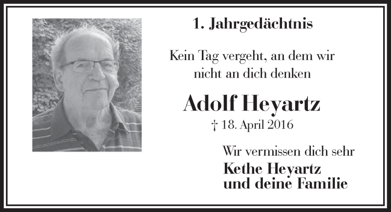  Traueranzeige für Adolf Heyartz vom 15.04.2017 aus  Sonntags-Post 