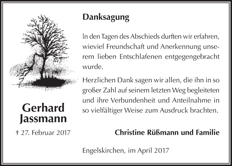  Traueranzeige für Gerhard Jassmann vom 12.04.2017 aus  Anzeigen Echo 