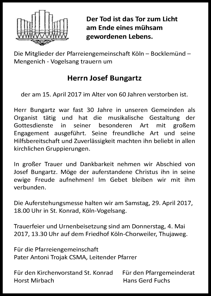  Traueranzeige für Josef Bungartz vom 29.04.2017 aus Kölner Stadt-Anzeiger / Kölnische Rundschau / Express