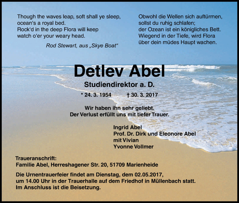  Traueranzeige für Detlev Abel vom 22.04.2017 aus Kölner Stadt-Anzeiger / Kölnische Rundschau / Express