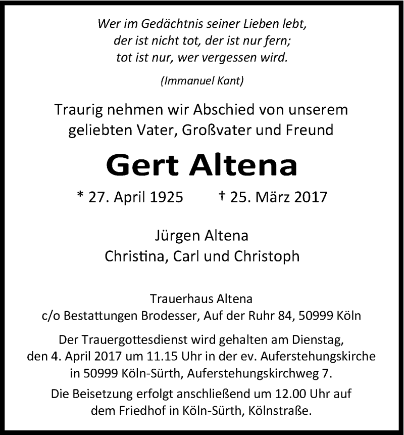  Traueranzeige für Gert Altena vom 01.04.2017 aus Kölner Stadt-Anzeiger / Kölnische Rundschau / Express