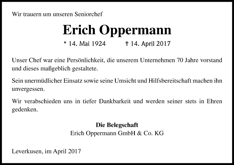  Traueranzeige für Erich Oppermann vom 22.04.2017 aus Kölner Stadt-Anzeiger / Kölnische Rundschau / Express