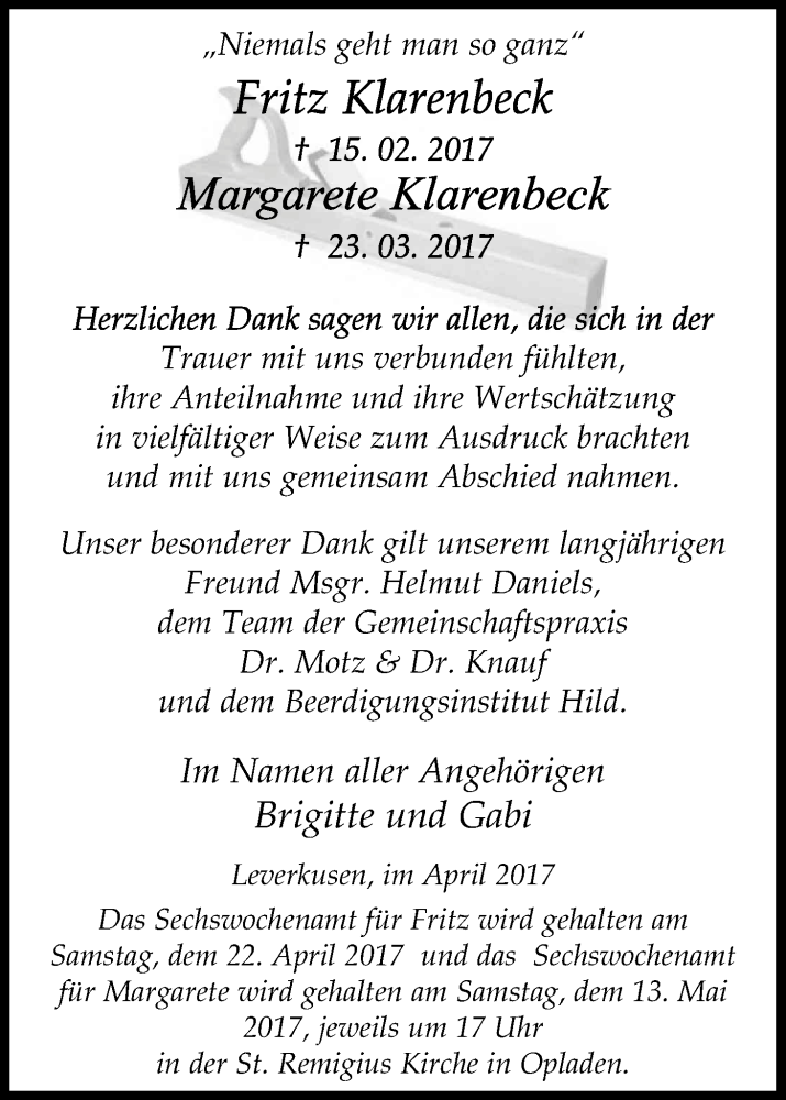  Traueranzeige für Fritz und Margarete Klarenbeck vom 15.04.2017 aus Kölner Stadt-Anzeiger / Kölnische Rundschau / Express