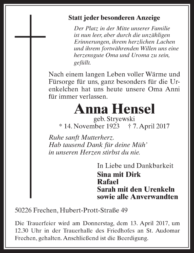  Traueranzeige für Anna Hensel vom 12.04.2017 aus  Wochenende 