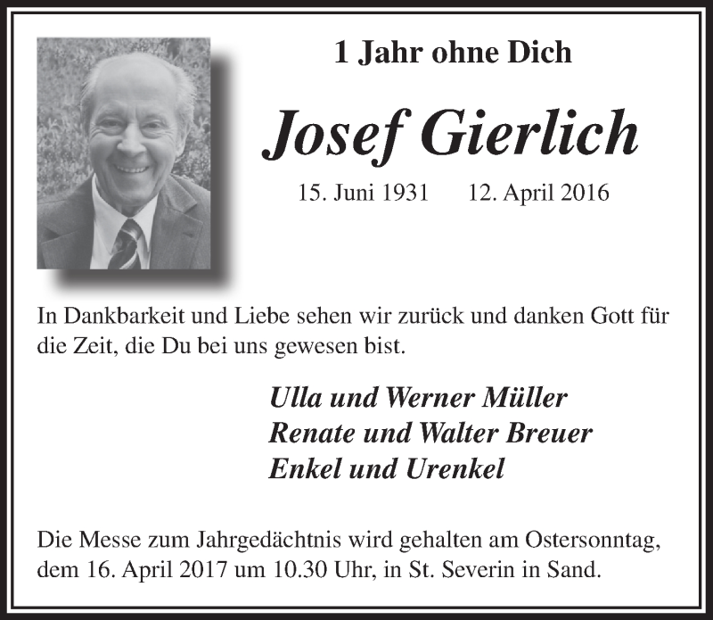  Traueranzeige für Josef Gierlich vom 12.04.2017 aus  Bergisches Handelsblatt 