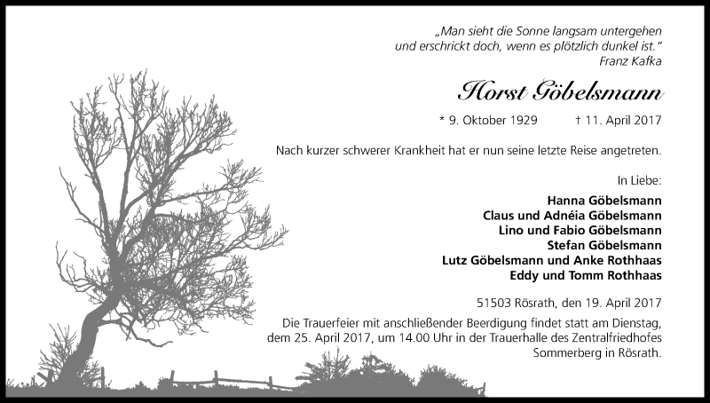  Traueranzeige für Horst Göbelsmann vom 19.04.2017 aus Kölner Stadt-Anzeiger / Kölnische Rundschau / Express