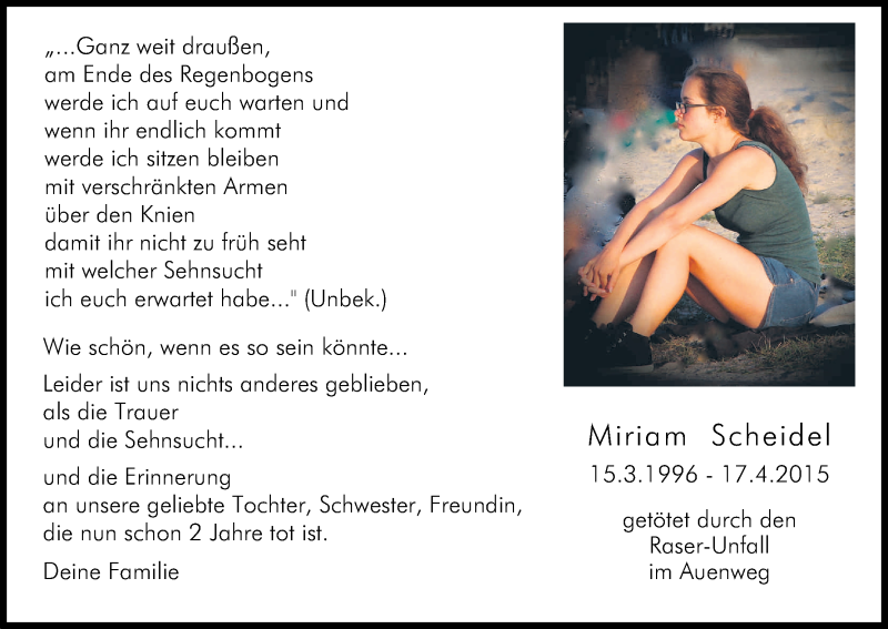  Traueranzeige für Miriam Scheidel vom 15.04.2017 aus Kölner Stadt-Anzeiger / Kölnische Rundschau / Express