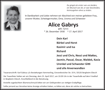 Anzeige von Alice Gabrys von  Sonntags-Post 