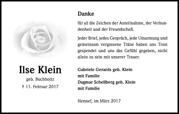 Anzeige von Ilse Klein von Kölner Stadt-Anzeiger / Kölnische Rundschau / Express