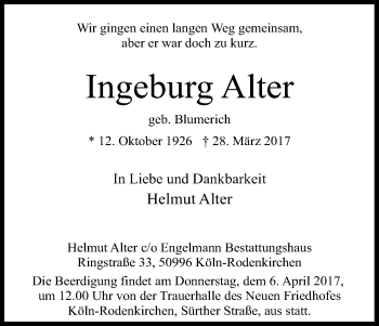 Anzeige von Ingeburg Alter von Kölner Stadt-Anzeiger / Kölnische Rundschau / Express