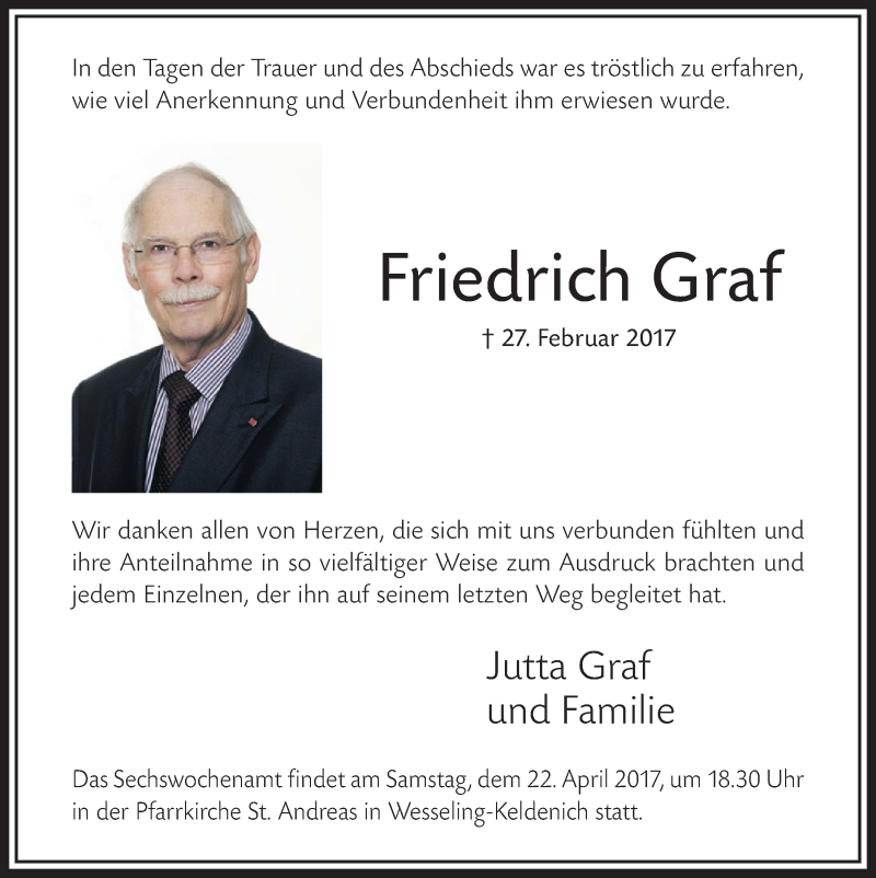  Traueranzeige für Friedrich Graf vom 12.04.2017 aus  Schlossbote/Werbekurier 