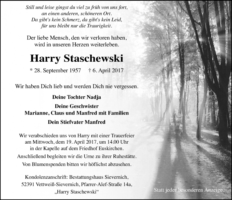  Traueranzeige für Harry Staschewski vom 15.04.2017 aus  Blickpunkt Euskirchen 