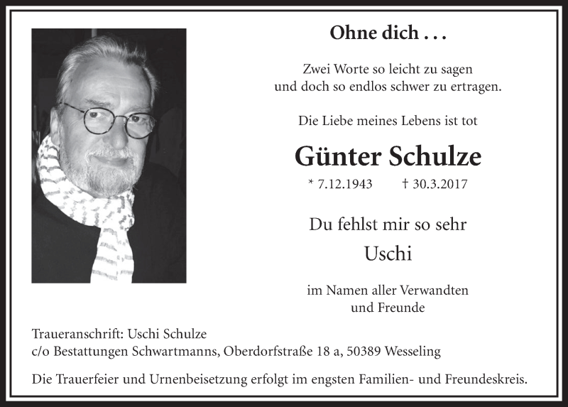  Traueranzeige für Günter Schulze vom 12.04.2017 aus  Schlossbote/Werbekurier 