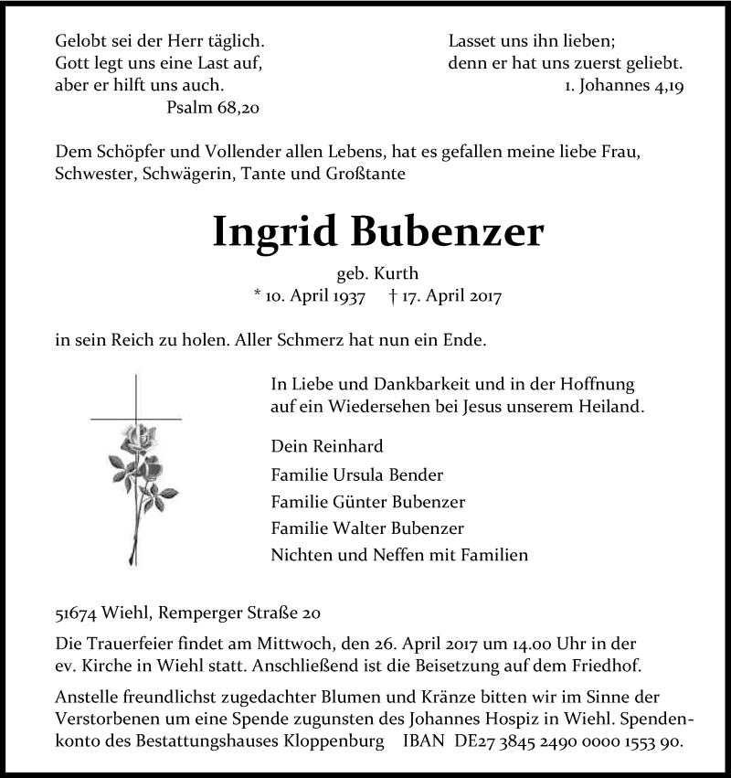  Traueranzeige für Ingrid Bubenzer vom 20.04.2017 aus Kölner Stadt-Anzeiger / Kölnische Rundschau / Express