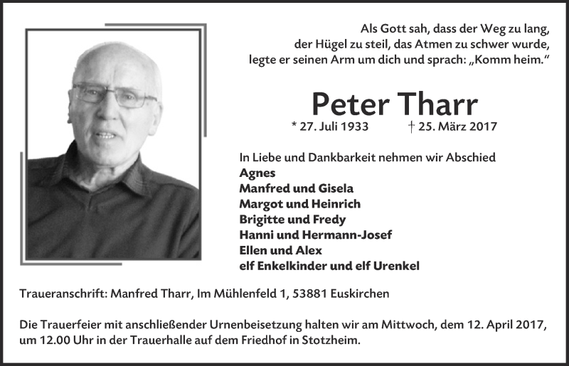  Traueranzeige für Peter Tharr vom 08.04.2017 aus  Blickpunkt Euskirchen 