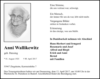 Anzeige von Anniu Wallikewitz von  Schlossbote/Werbekurier 