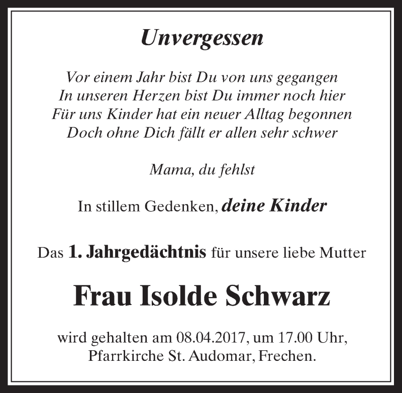 Traueranzeige für Isolde Schwarz vom 05.04.2017 aus  Wochenende 