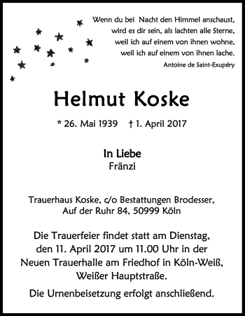 Anzeige von Helmut Koske von Kölner Stadt-Anzeiger / Kölnische Rundschau / Express