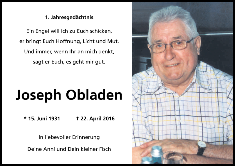  Traueranzeige für Joseph Obladen vom 22.04.2017 aus Kölner Stadt-Anzeiger / Kölnische Rundschau / Express