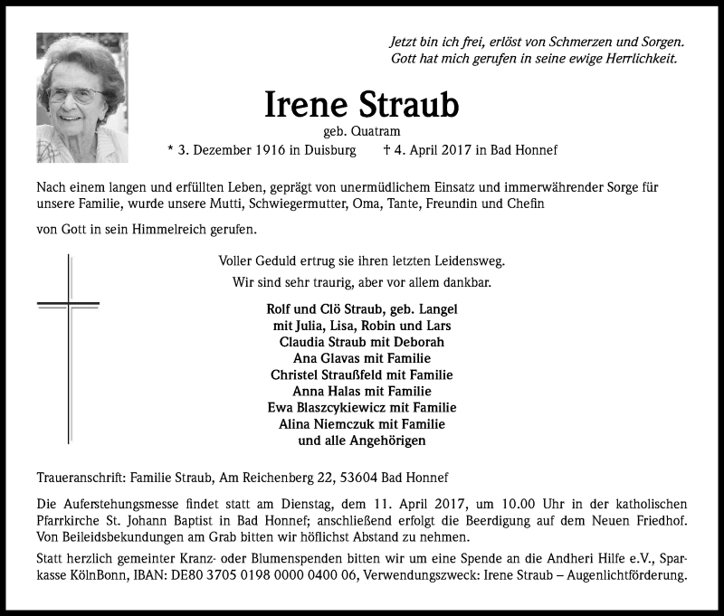  Traueranzeige für Irene Straub vom 08.04.2017 aus Kölner Stadt-Anzeiger / Kölnische Rundschau / Express
