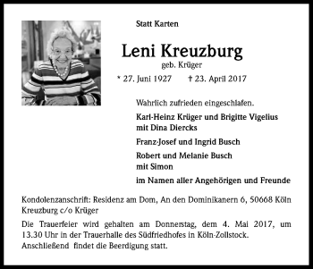 Anzeige von Leni Kreuzburg von Kölner Stadt-Anzeiger / Kölnische Rundschau / Express
