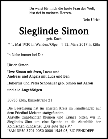 Anzeige von Sieglinde Simon von Kölner Stadt-Anzeiger / Kölnische Rundschau / Express