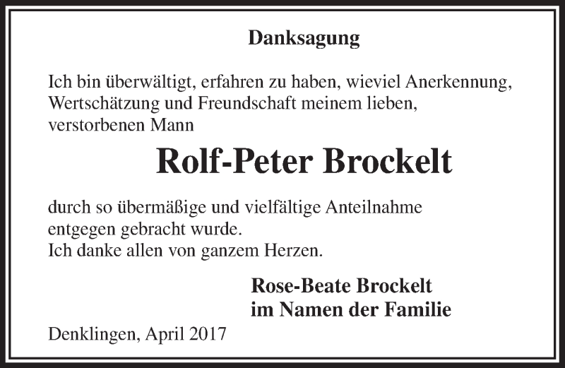  Traueranzeige für Rolf-Peter Brockelt vom 05.04.2017 aus  Lokalanzeiger 