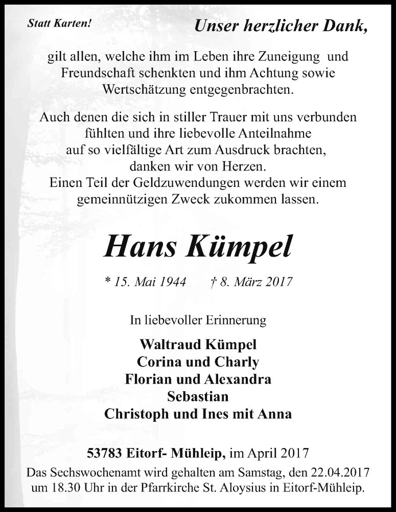  Traueranzeige für Hans Kümpel vom 08.04.2017 aus Kölner Stadt-Anzeiger / Kölnische Rundschau / Express