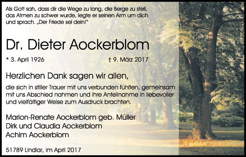  Traueranzeige für Dieter Aockerblom vom 22.04.2017 aus Kölner Stadt-Anzeiger / Kölnische Rundschau / Express