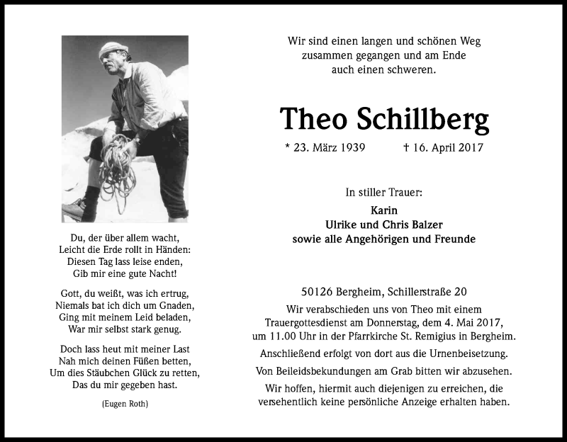  Traueranzeige für Theo Schillberg vom 29.04.2017 aus Kölner Stadt-Anzeiger / Kölnische Rundschau / Express