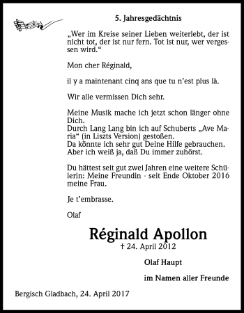 Anzeige von Reginald Apollon von Kölner Stadt-Anzeiger / Kölnische Rundschau / Express