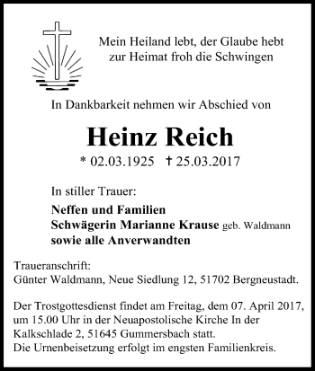 Anzeige von Heinz Reich von Kölner Stadt-Anzeiger / Kölnische Rundschau / Express