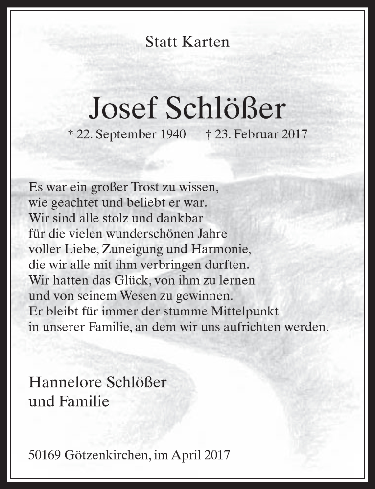  Traueranzeige für Josef Schlößer vom 05.04.2017 aus  Werbepost 