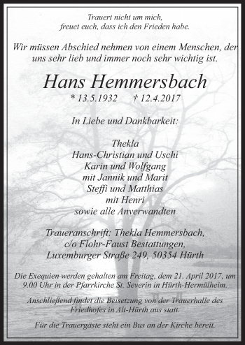 Anzeige von Hans Hemmersbach von  Wochenende 